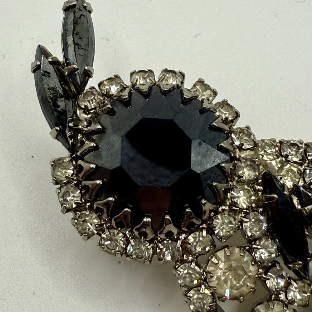 Vintage Black Rhinestone Brooch Silver Tone Clear Crystals Mid Century